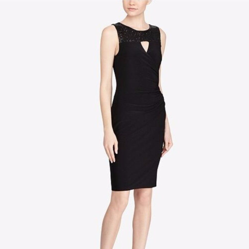 Lauren Ralph Lauren Black party dress keyhole cutout sequins slimming cocktail